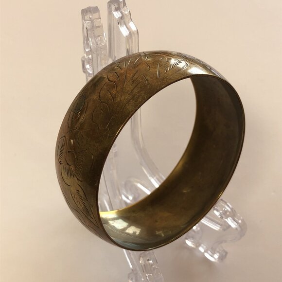 Brass Bangle Bracelet Etched Leaves & Flowers Natural Patina Unpolished IN - Picture 7 of 14